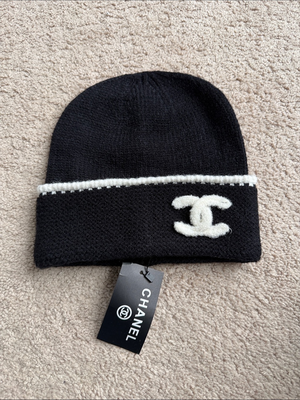 CHANEL Black Beanie with White CC Logo